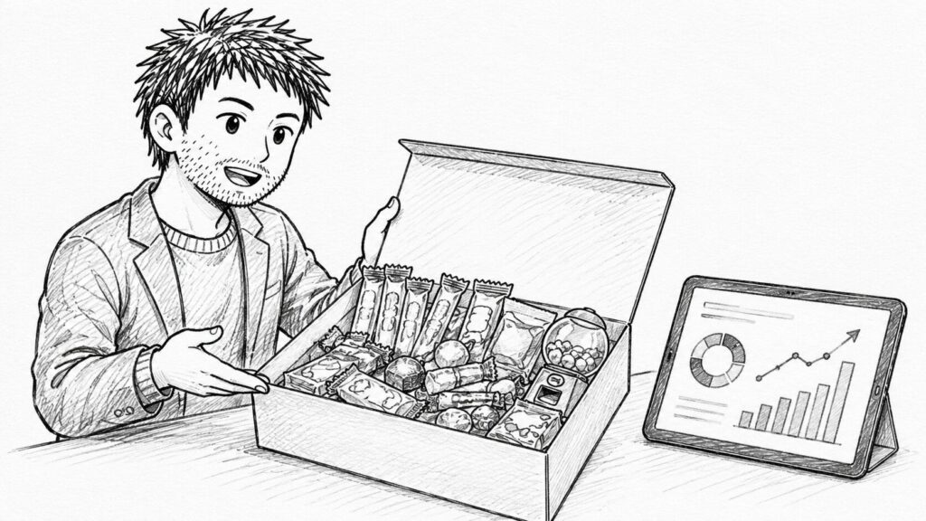 お菓子の詰め合わせと売上グラフで売れるジャンル選びを表すイラスト