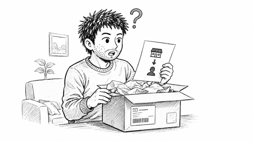 届いた箱の中の納品書でAmazon直送が露呈する瞬間のイラスト