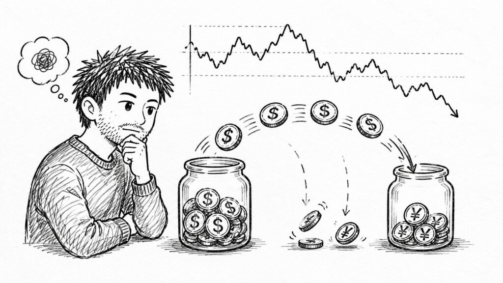 為替チャートと減っていく貯金瓶で円転手数料の目減りを表すイラスト