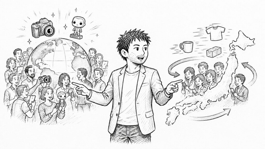 世界と日本の購入者層の違いを商品と人の流れで表すイラスト