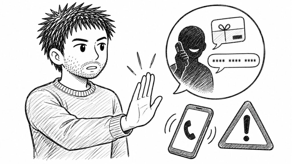ギフトカードを要求する詐欺の電話を手で断るイラスト