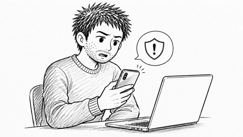 警告表示のスマホでカード会社側の制限を確認するイラスト