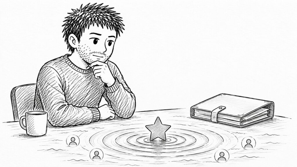 低評価の波紋が広がる様子で評価への波及を表すイラスト