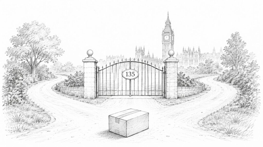 135ポンドの門と英国の風景でイギリス向けの分かれ目を表すイラスト