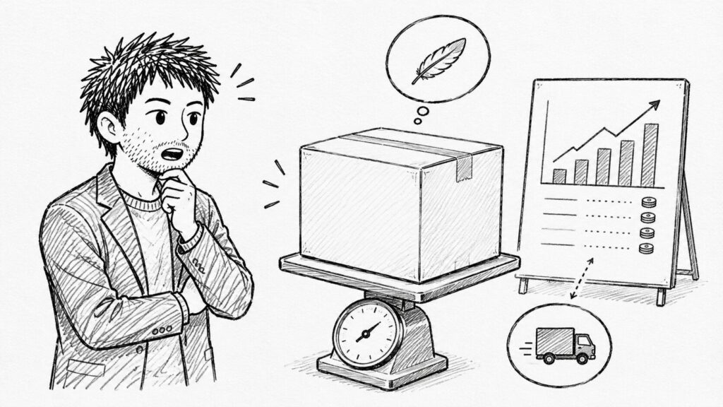 はかりの荷物と料金グラフで容積重量のワナを表すイラスト