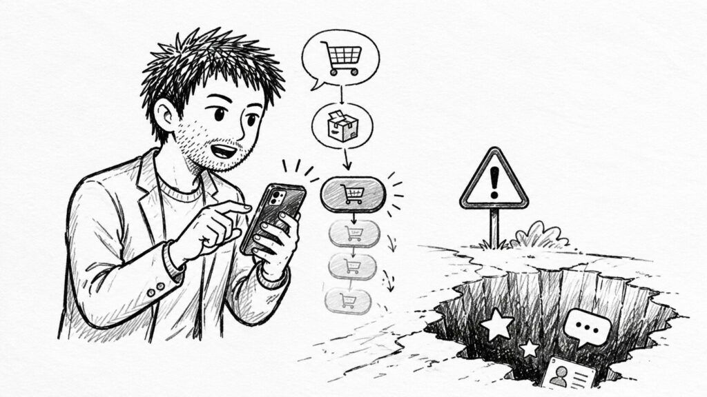 購入ボタンの先の落とし穴で評価稼ぎ型のリスクを表すイラスト