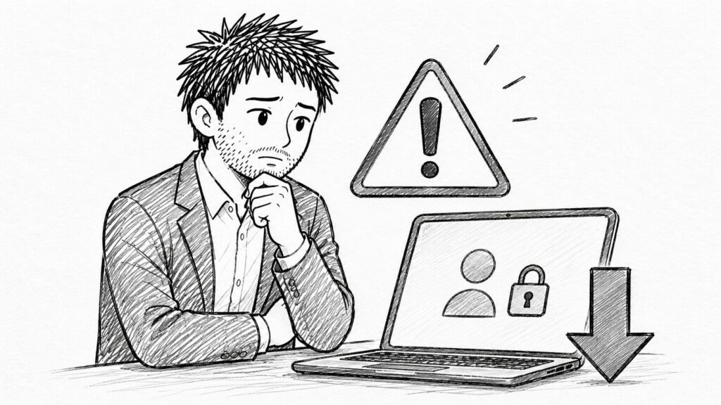 警告と制限された画面でBelow Standardのリスクを表すイラスト