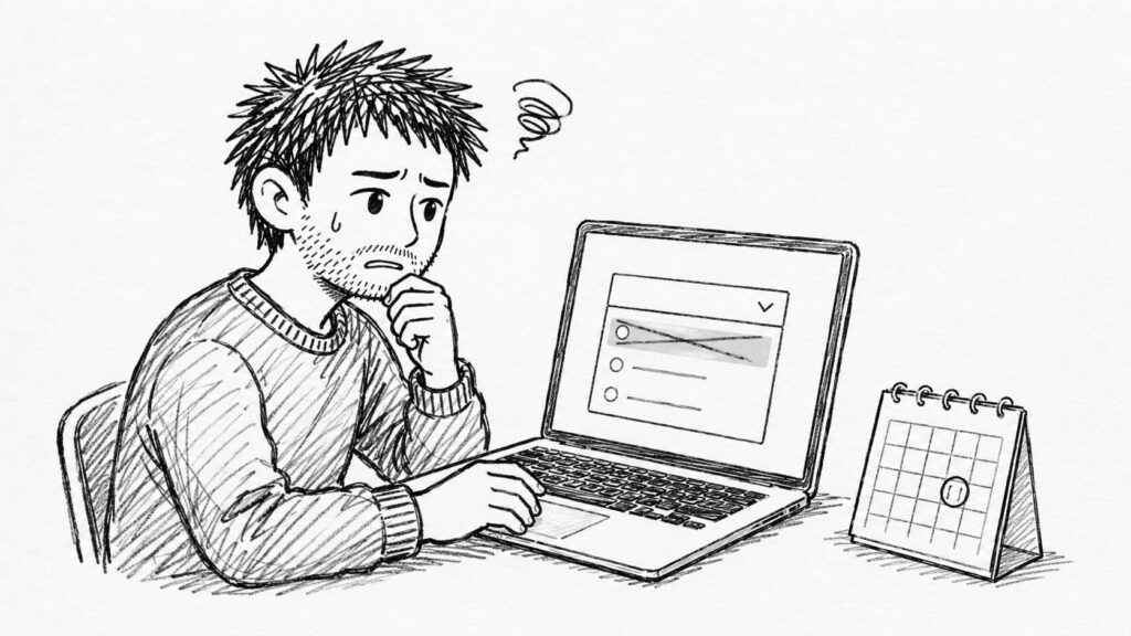選べなくなった選択肢と未記入リスクをカレンダーと画面で表すイラスト