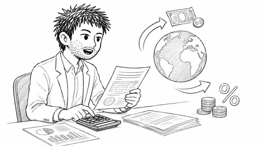 地球儀と書類で海外決済手数料と消費税還付を確認するイラスト