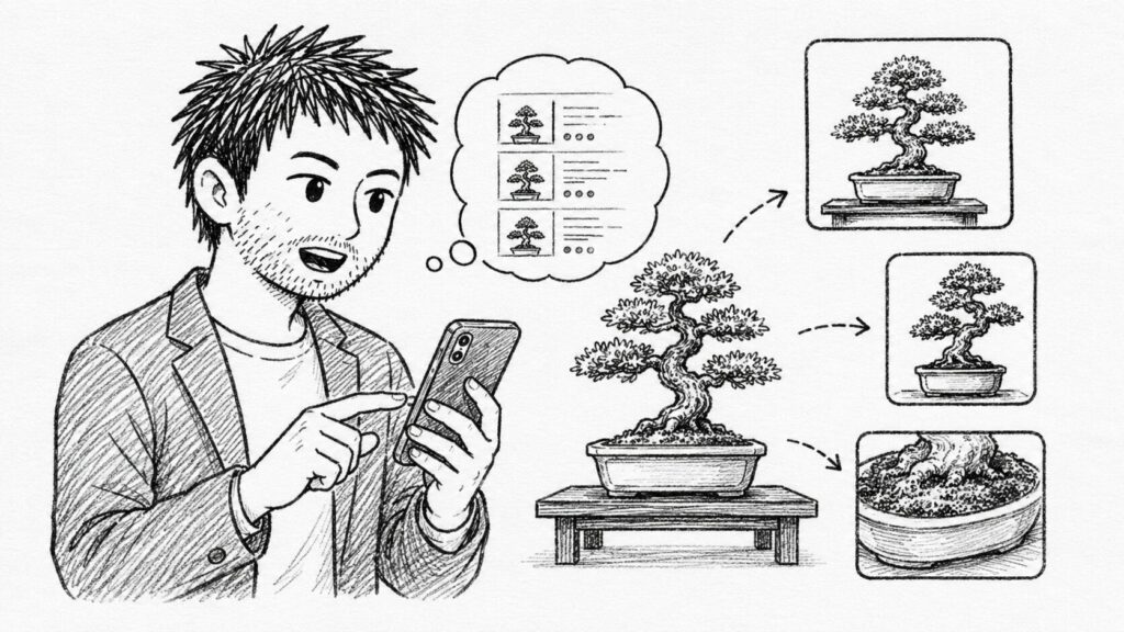 売れている出品の見せ方をスマホでリサーチするイラスト