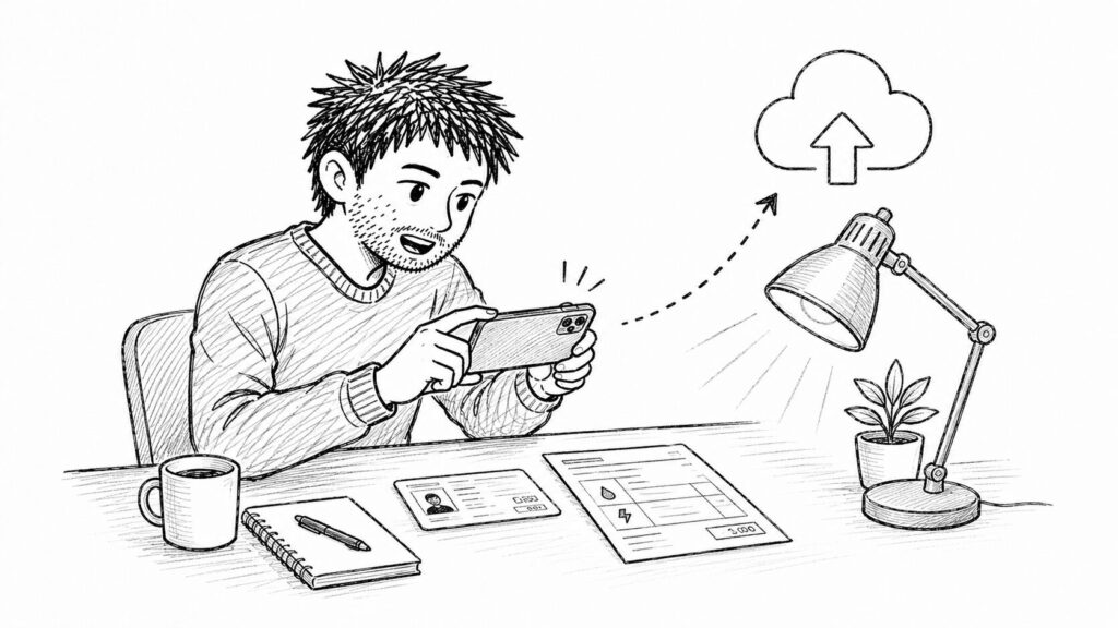 明るい場所で本人確認書類を撮影しアップロードするイラスト