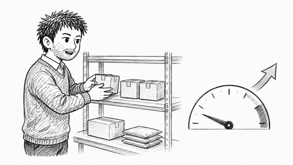少ない在庫棚とメーターで新規アカウントの出品リミットを表すイラスト