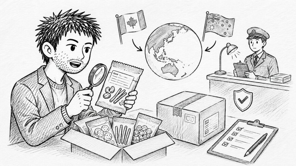 カナダ・豪州の旗と検査で国別の発送条件を表すイラスト
