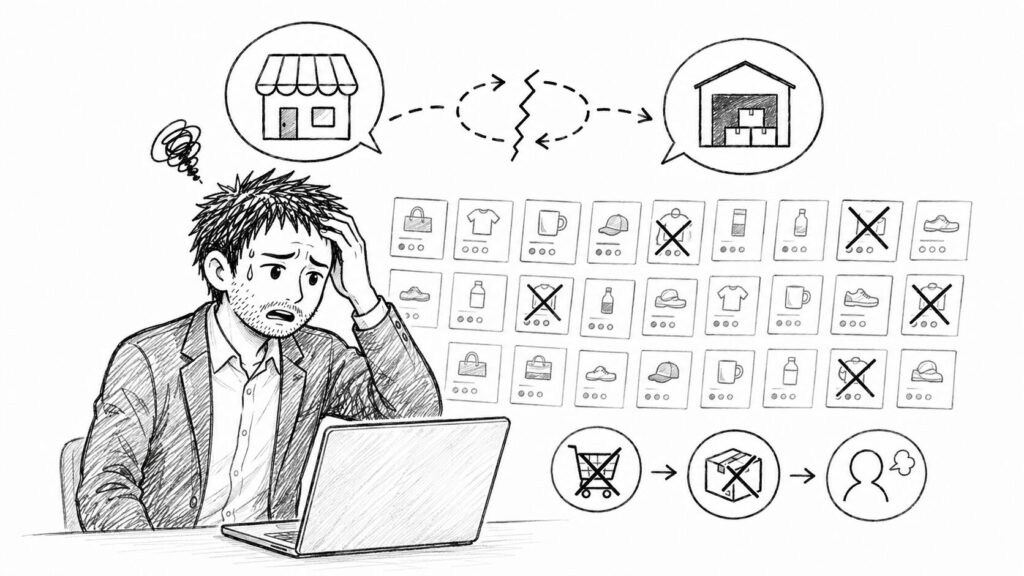 欠品とキャンセルが連鎖する画面に頭を抱えるセラーのイラスト