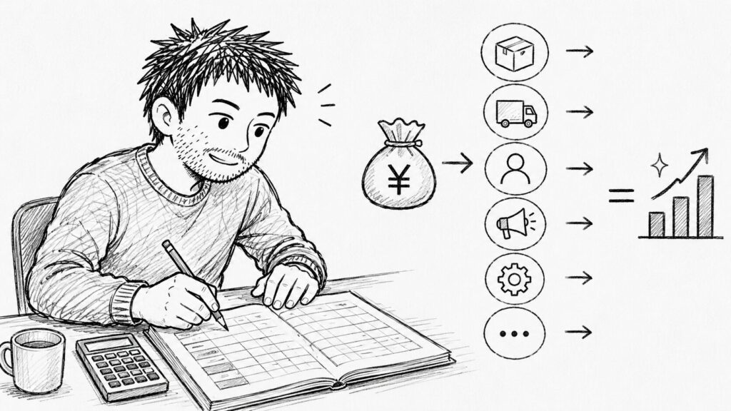 コスト項目を並べて利益が残る計算式に組み替えるイラスト