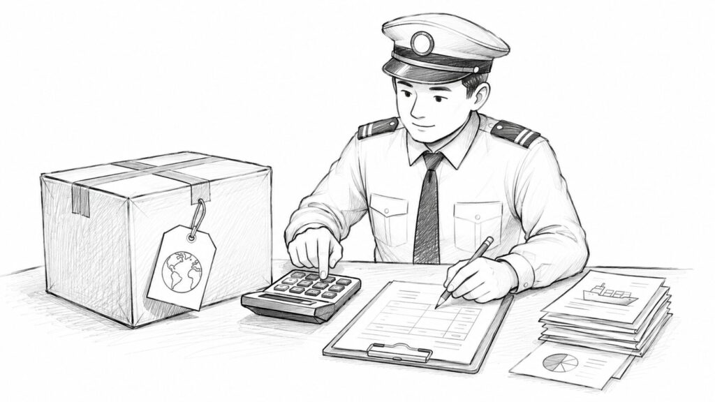 税関職員の検査でde minimis撤廃後の通関リスクを表すイラスト