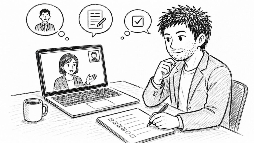 オンライン面談とテスト作業で応募から契約までの流れを表すイラスト