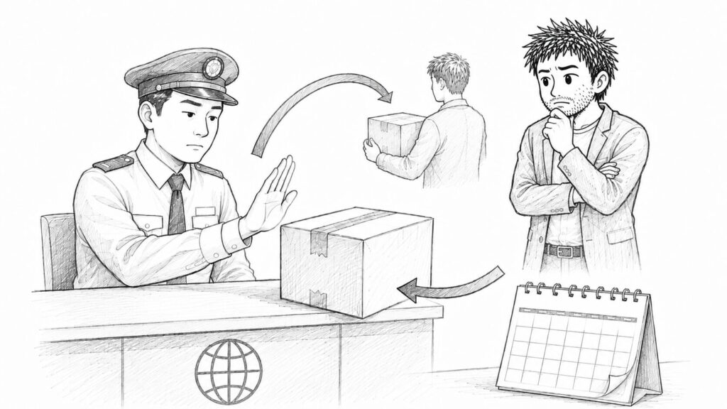 受け取りを断られた荷物が返送されるまでの流れを表すイラスト