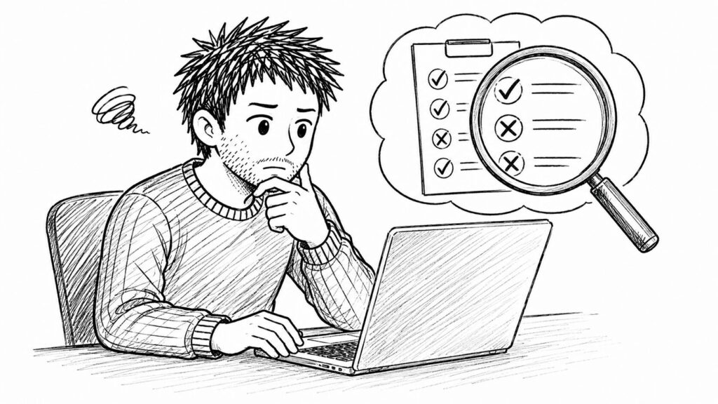 反映されない原因を虫眼鏡付きチェックリストで調べるイラスト