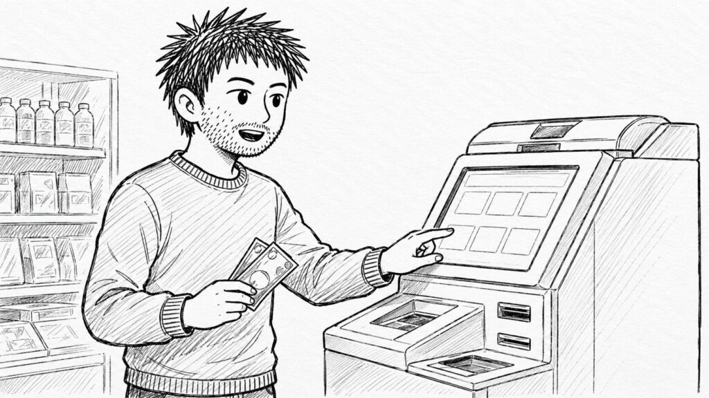 コンビニ端末でVプリカを購入するユーザーのイラスト