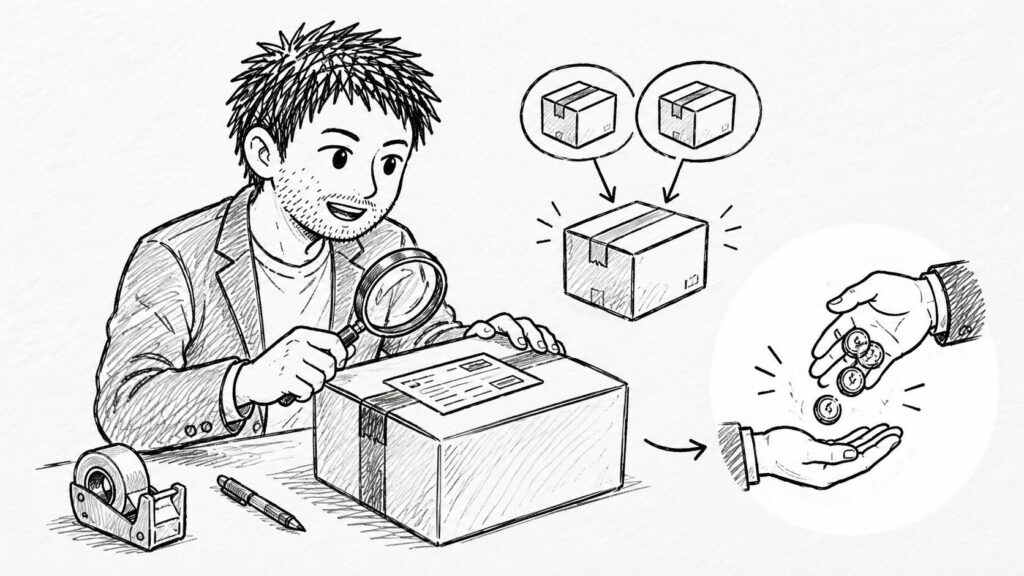 1箱にまとめて発送し差額を返金する流れのイラスト