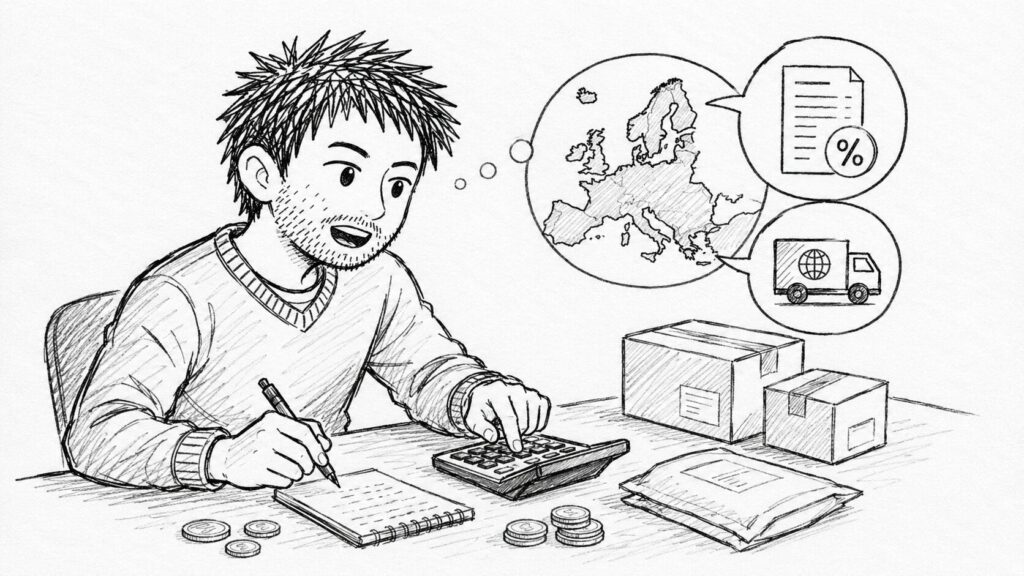 電卓とメモでバイヤー負担の計算例を確かめるイラスト