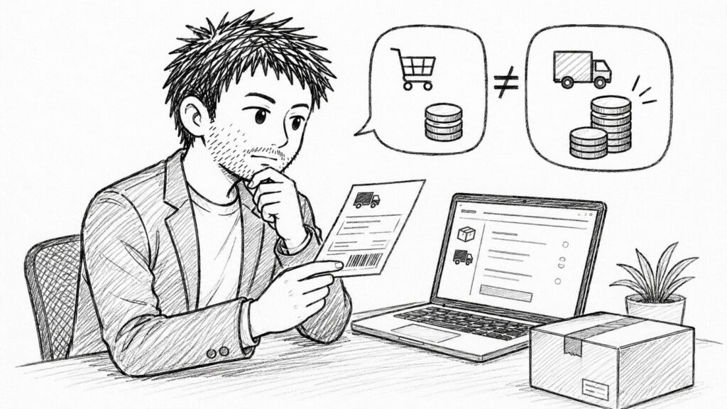 実費計算と定額のコインを見比べて送料設定を選ぶイラスト
