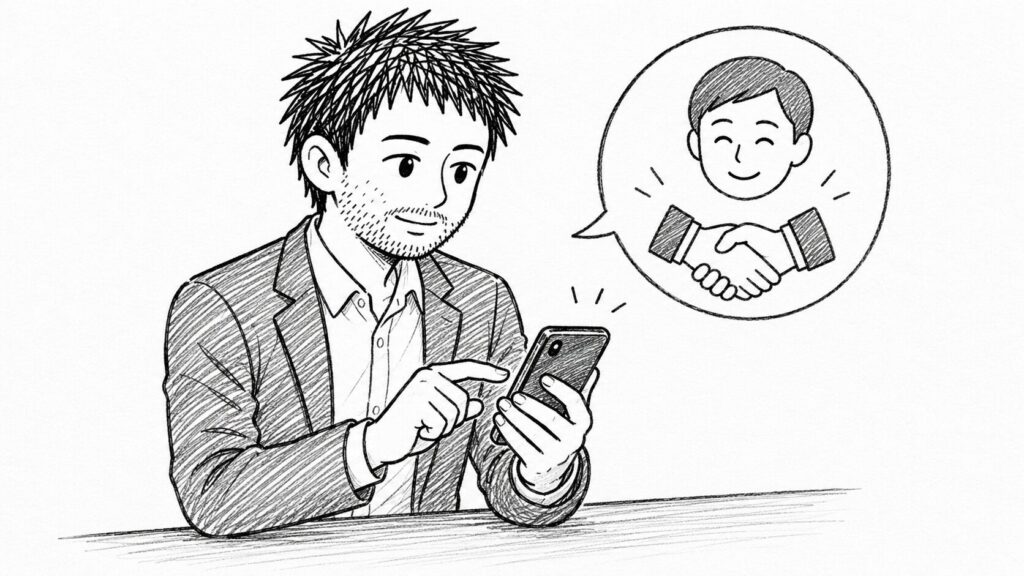 スマホでバイヤーに連絡し関係修復を図るイラスト