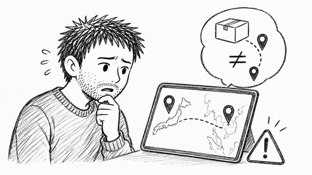 所在地の不一致と警告でItem locationの嘘のリスクを表すイラスト