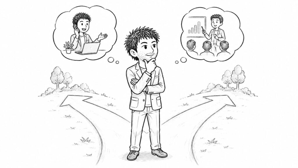 副業と本格運営の分かれ道で判断軸を考えるイラスト