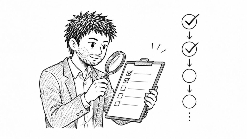 虫眼鏡とチェックリストでエラー別の確認項目を調べるイラスト
