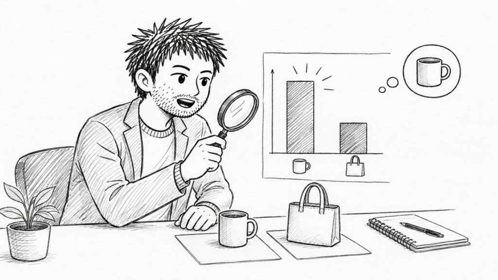 虫眼鏡とグラフで需要のある商品をリサーチするイラスト
