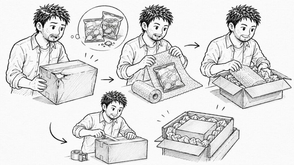 破損対策の梱包手順と返品対応を表すイラスト
