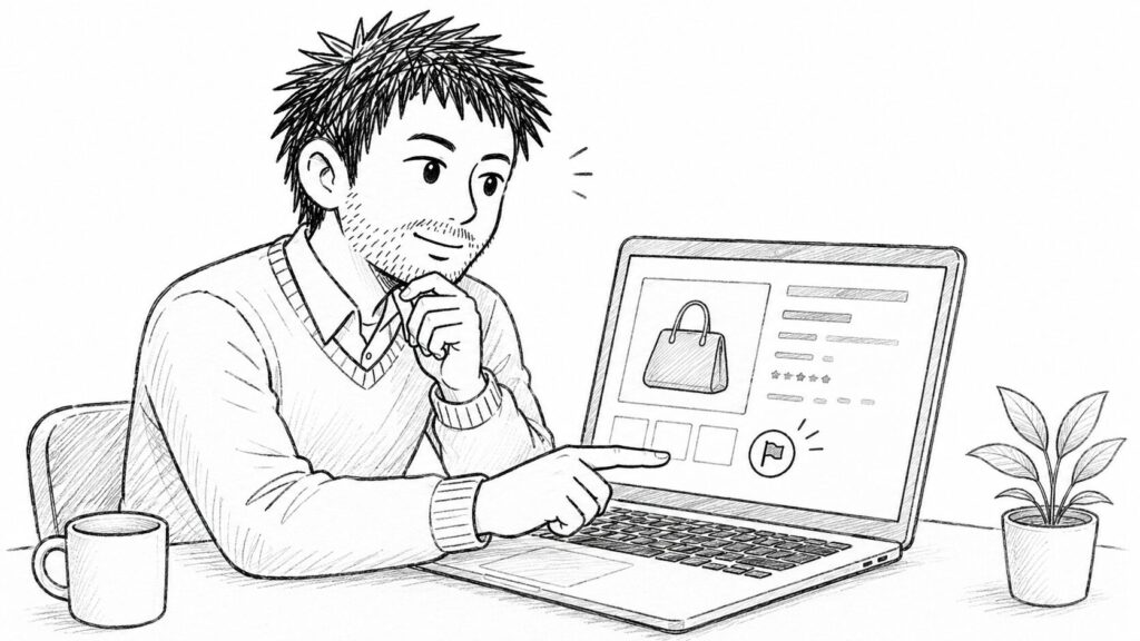 商品ページの通報ボタンを押す手順を表すイラスト