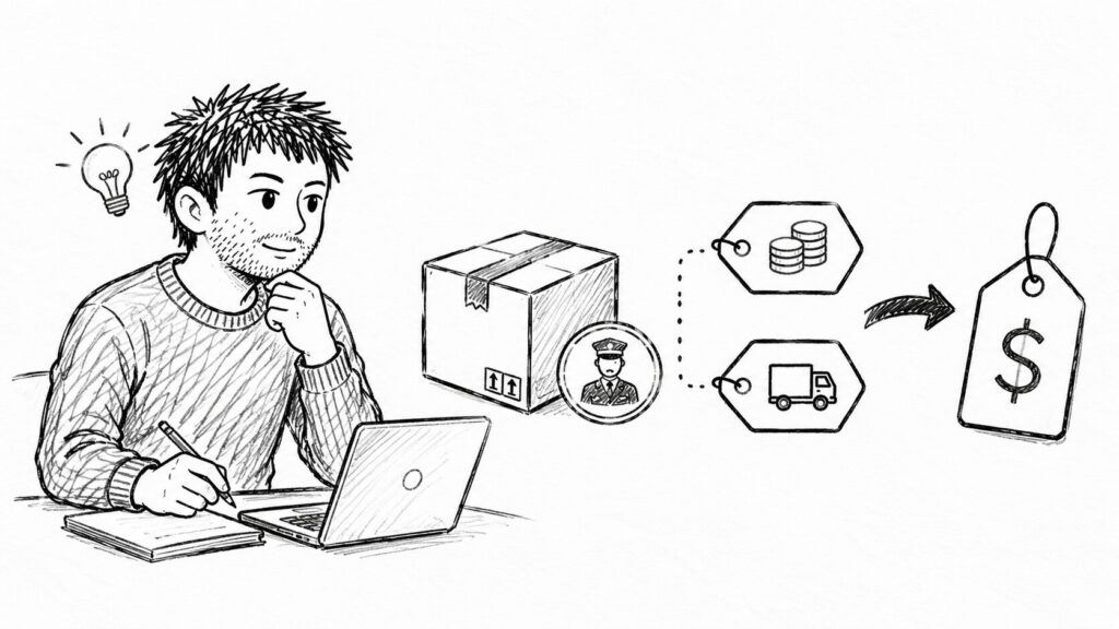 関税コストを織り込んだ価格タグでDDP対応の価格設計を表すイラスト