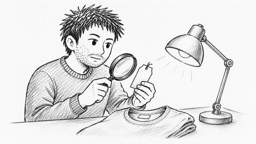 ライトの下でMade in表記の刻印を虫眼鏡で確認するイラスト