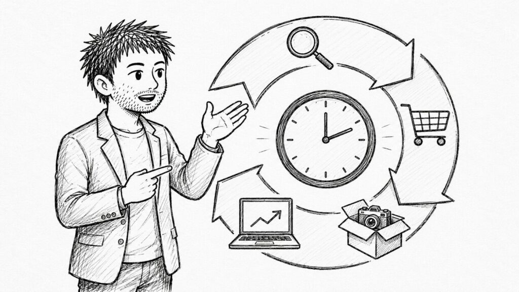 時計を中心にリサーチから発送まで72時間で回すサイクルのイラスト