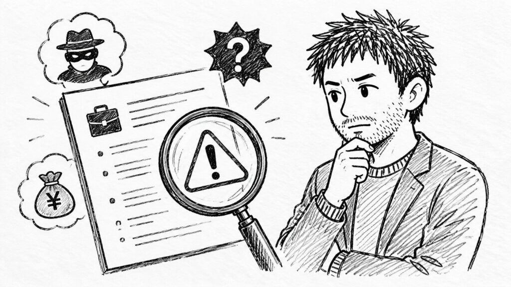 怪しい求人と警告マークを虫眼鏡で見分けるイラスト