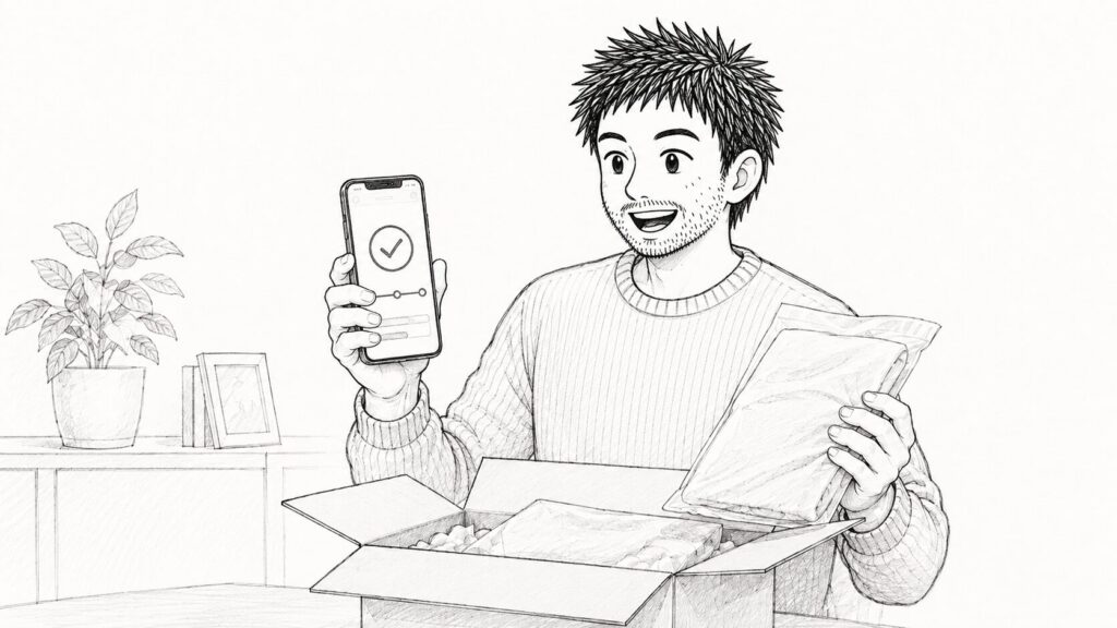 Delivered表示のスマホと開封で届いた後の確認を表すイラスト