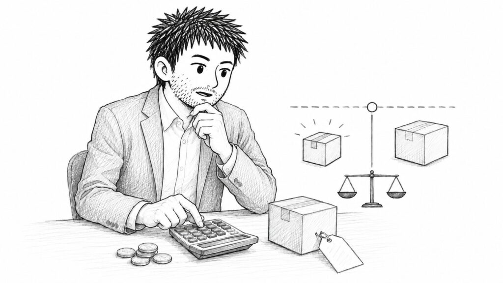 電卓と天秤で1万円免税と課税の計算をするイラスト