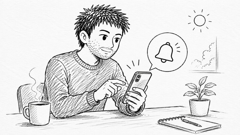 スマホの通知ベルで取りこぼし防止の設定を表すイラスト