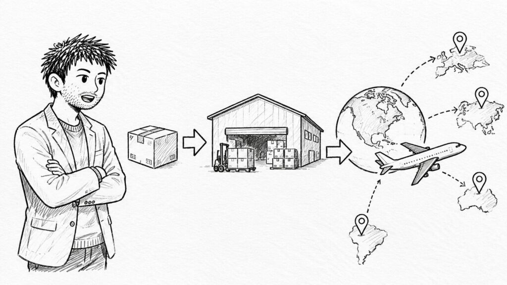 ハブ倉庫から世界へ発送されるeISの流れを表すイラスト