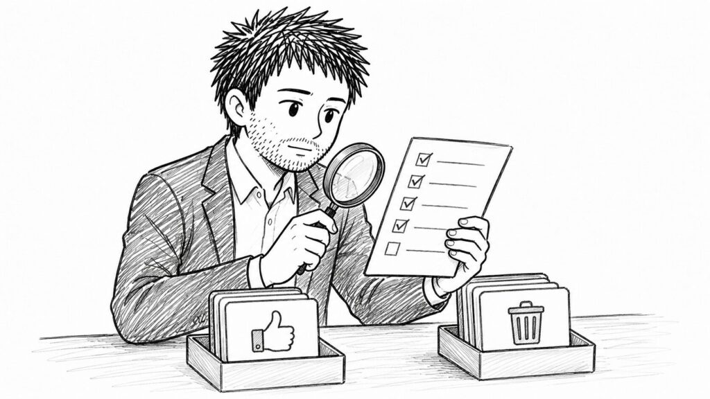 削除依頼の条件チェックリストを虫眼鏡で確認するイラスト