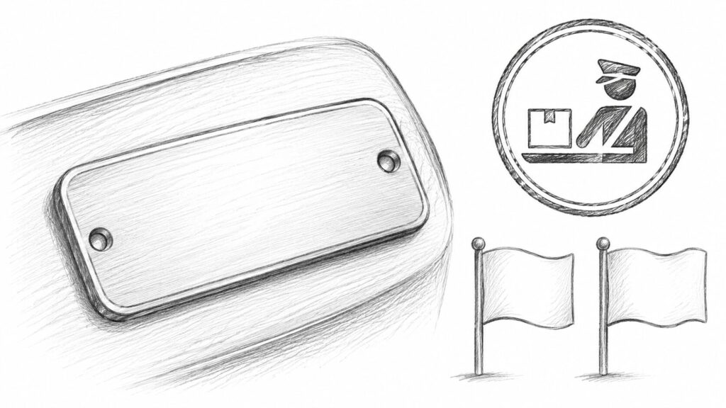 金属プレートと税関マークでMade in China表示の要否を表すイラスト
