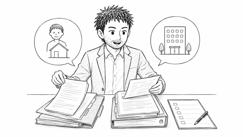 個人事業主と法人の必要書類を並べて比較するイラスト