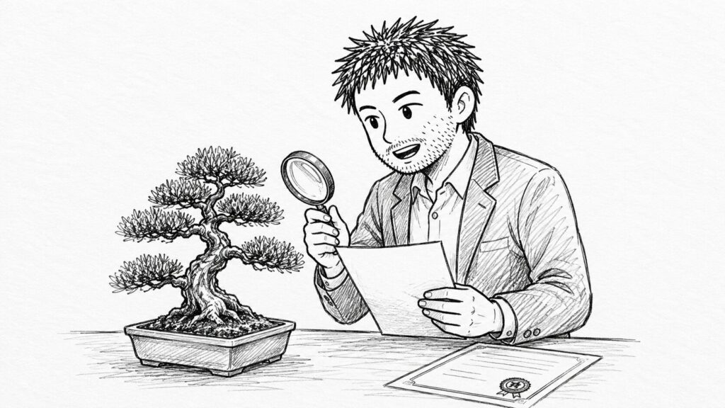 植物検疫証明書を虫眼鏡で確認するセラーのイラスト