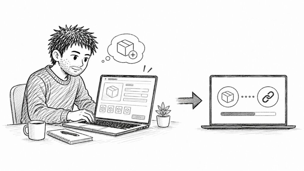 仮出品から連携画面につなげる流れを表すイラスト