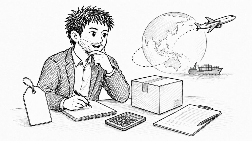 電卓と地球儀で価格・送料・関税の影響を見直すイラスト