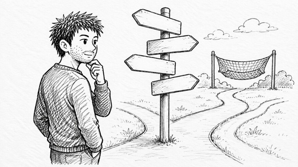 複数の道しるべでPayPalやカード会社など最後の相談先を表すイラスト