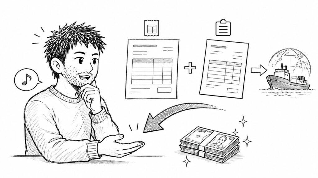 輸出書類と戻ってくる現金で消費税還付を表すイラスト